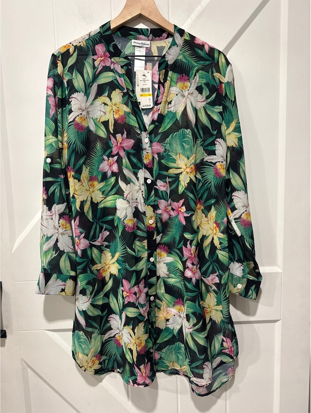 Tommy Bahama Orchid Garden Black Floral Button-Up Shirt Dress Cover Up, M